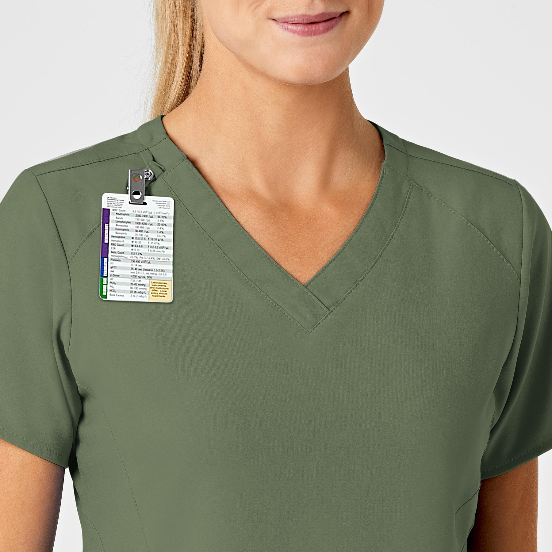 W123 Women's Stylized V-Neck Scrub Top Olive side detail 1