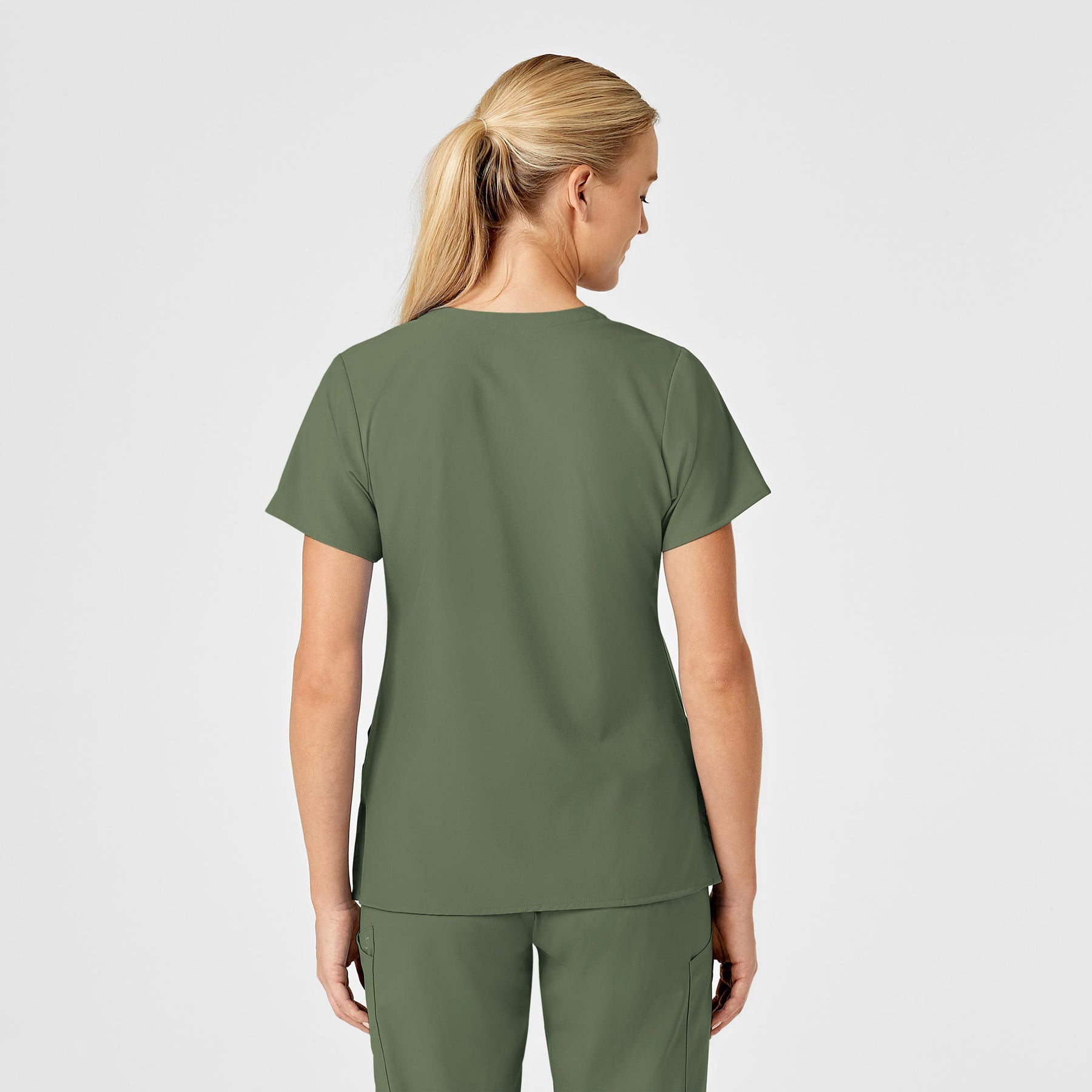 W123 Women's Stylized V-Neck Scrub Top Olive back view
