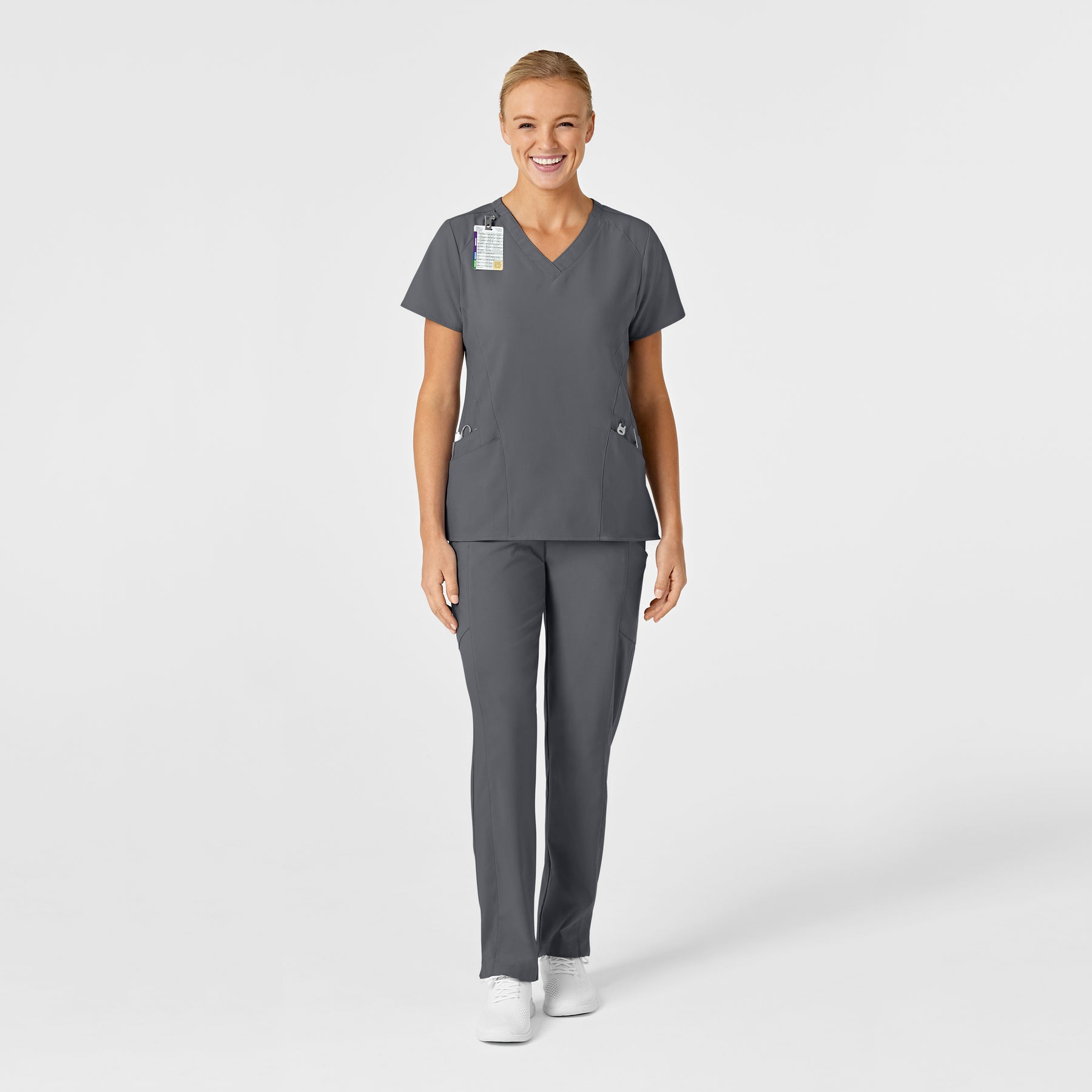 W123 Women's Stylized V-Neck Scrub Top Pewter scrub set