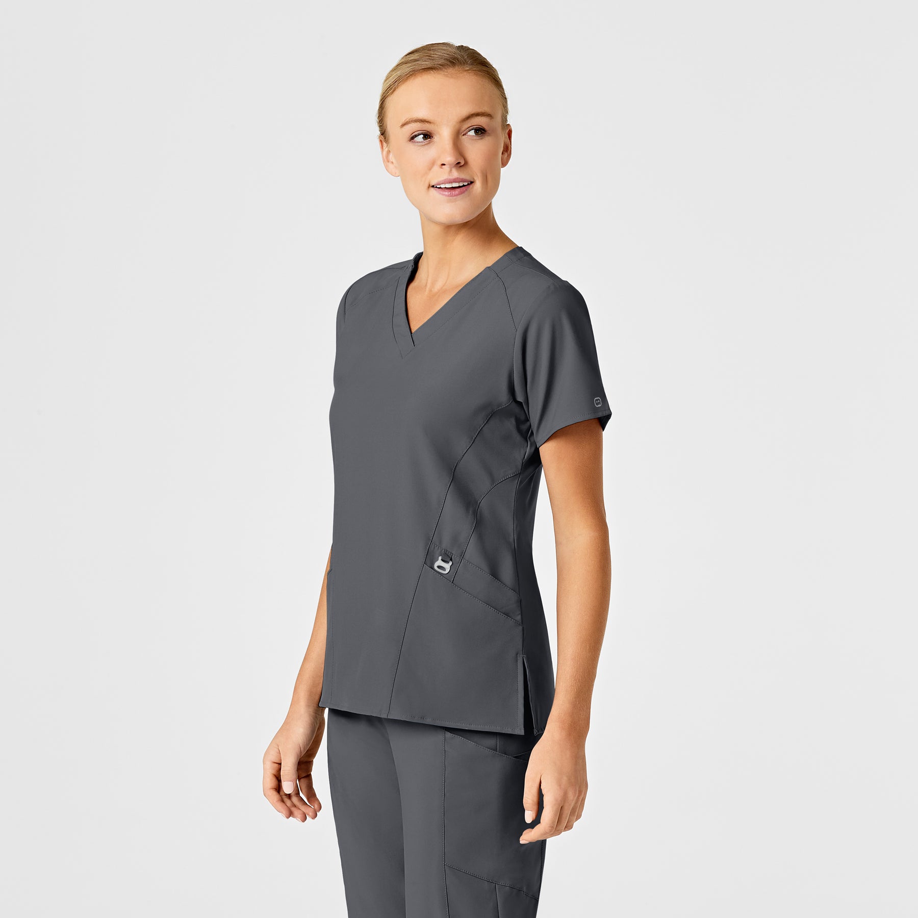 W123 Women's Stylized V-Neck Scrub Top Pewter side view