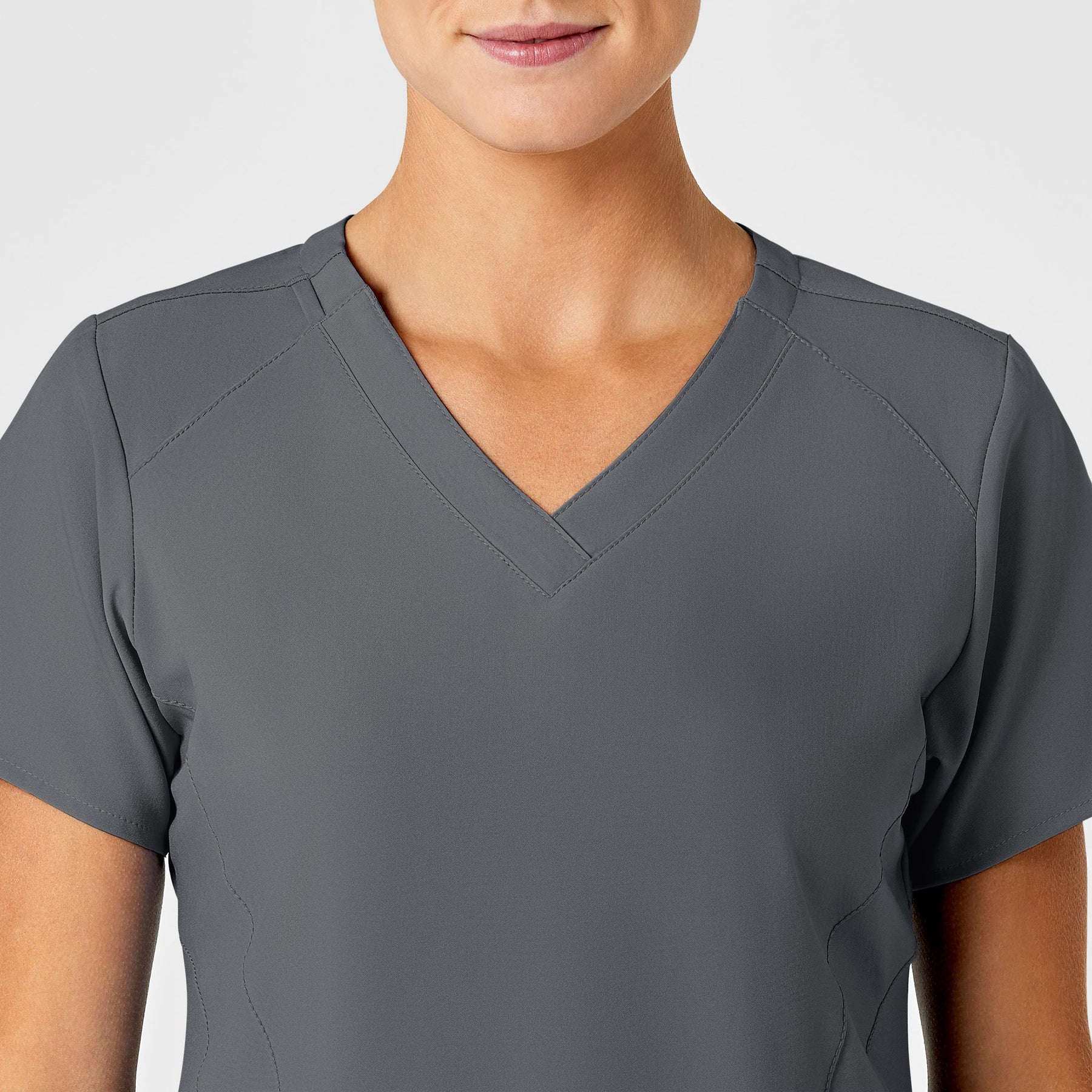 W123 Women's Stylized V-Neck Scrub Top Pewter front detail