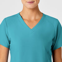 W123 Women's Stylized V-Neck Scrub Top Teal Blue front detail