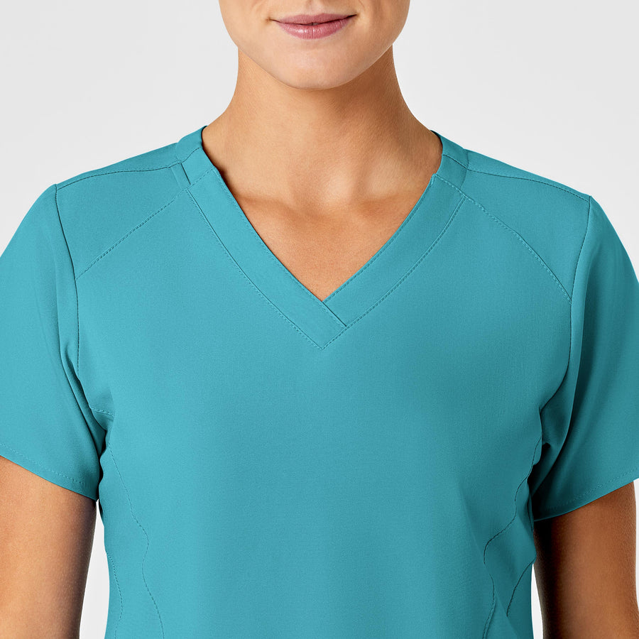 W123 Women's Stylized V-Neck Scrub Top Teal Blue front detail