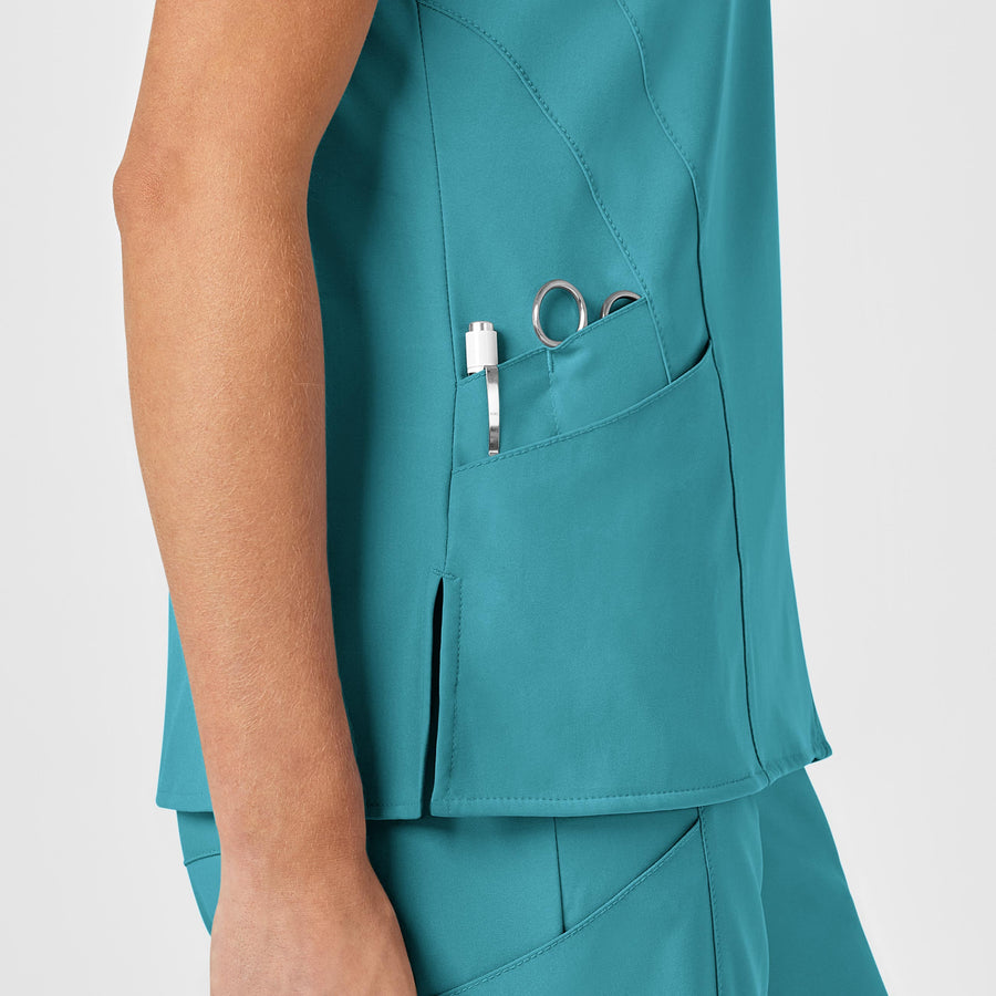 W123 Women's Stylized V-Neck Scrub Top Teal Blue hemline detail