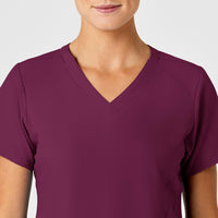 W123 Women's Stylized V-Neck Scrub Top Wine front detail