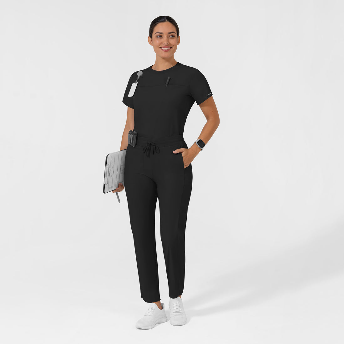 AURA Women's Captivate Crew Neck Tuck-in Scrub Top - Black scrub set