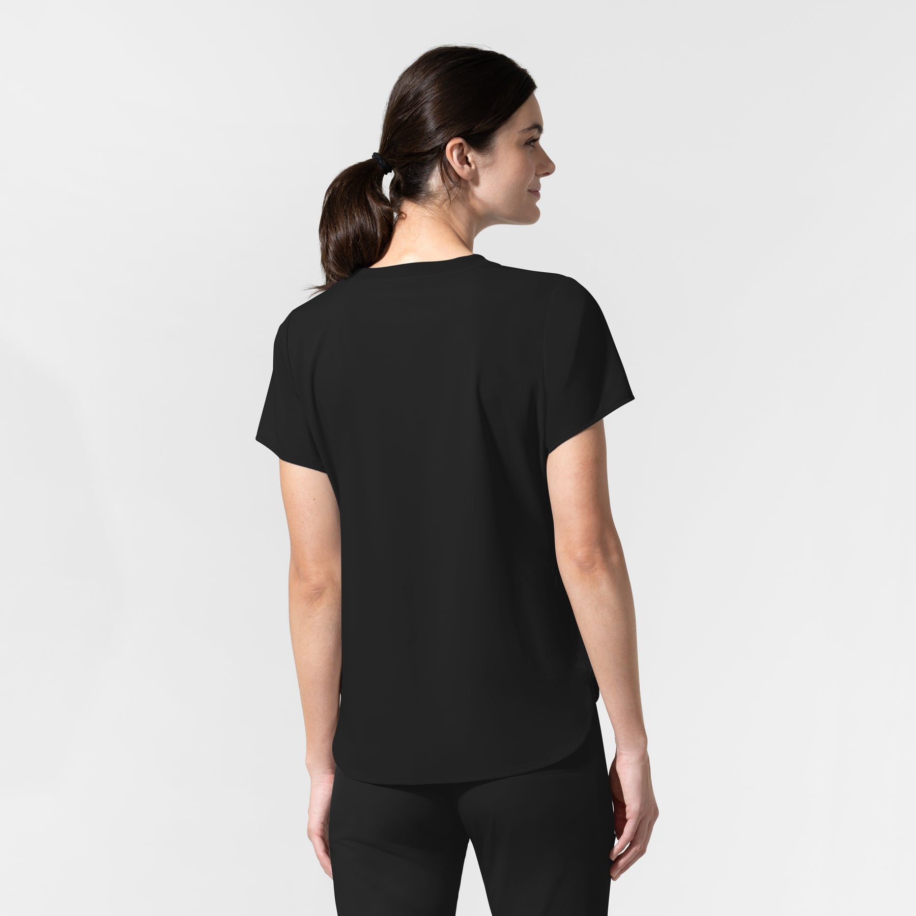AURA Women's Captivate Crew Neck Tuck-in Scrub Top Black back view