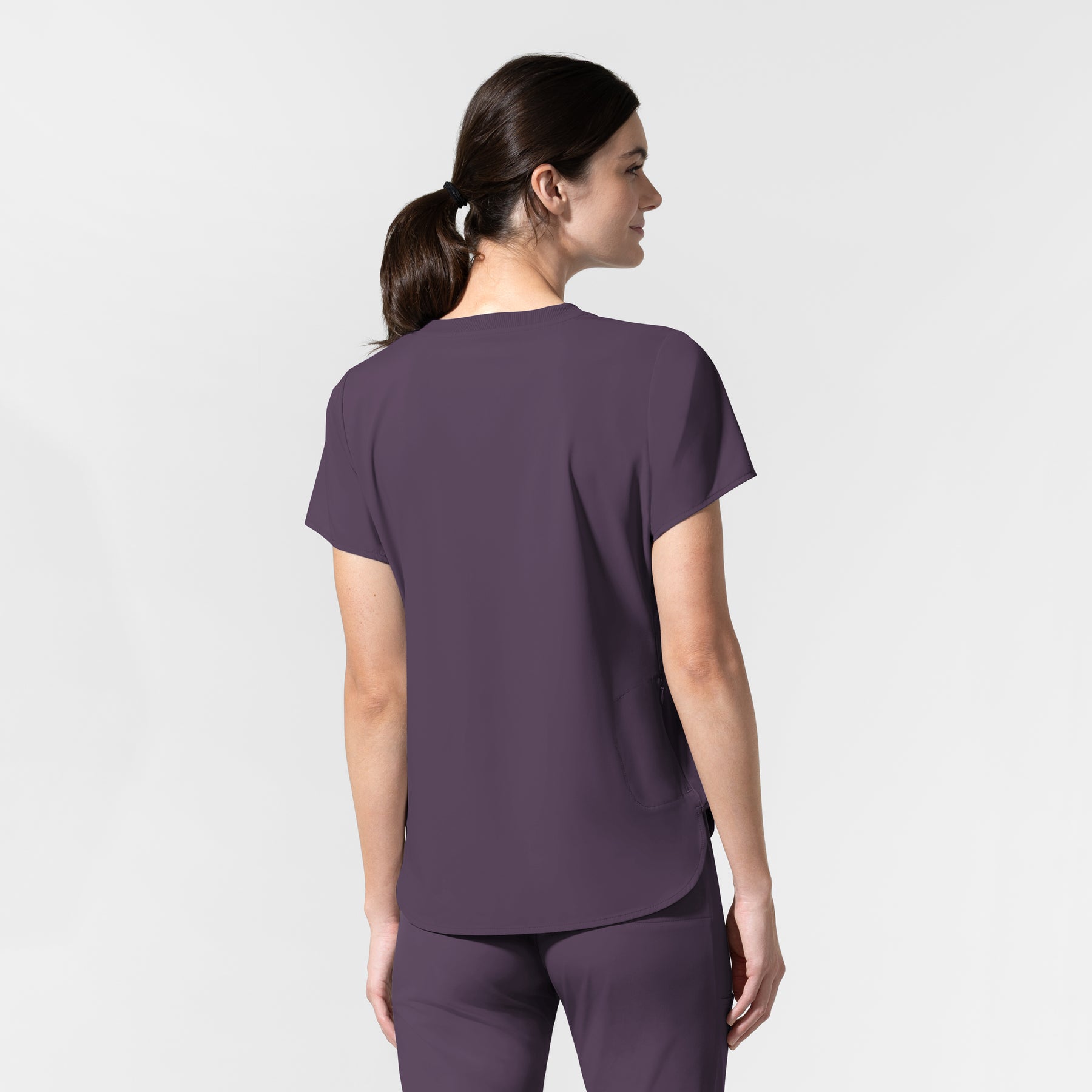 AURA Women's Captivate Crew Neck Tuck-in Scrub Top Dusk back view