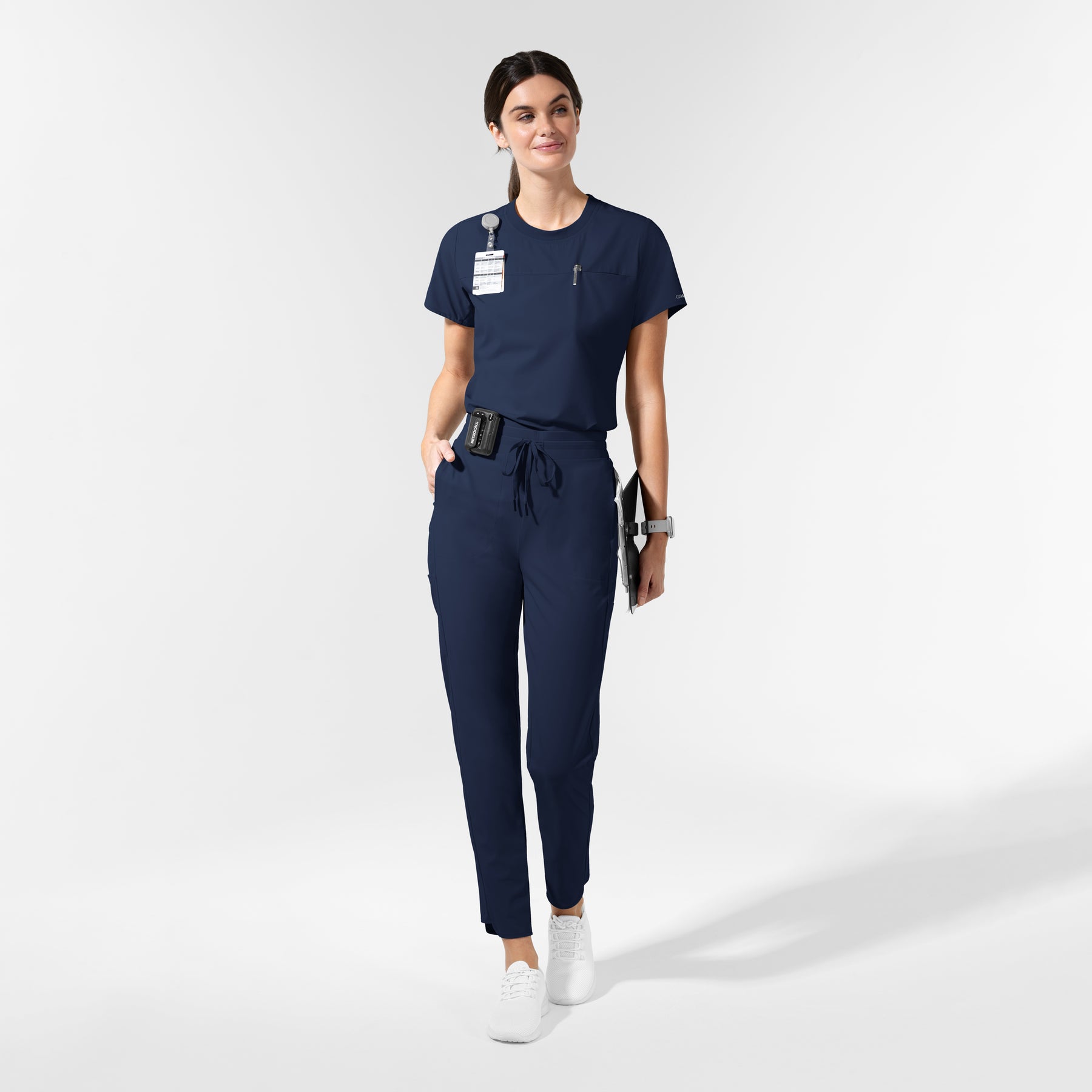 AURA Women's Captivate Crew Neck Tuck-in Scrub Top Navy full scrub set