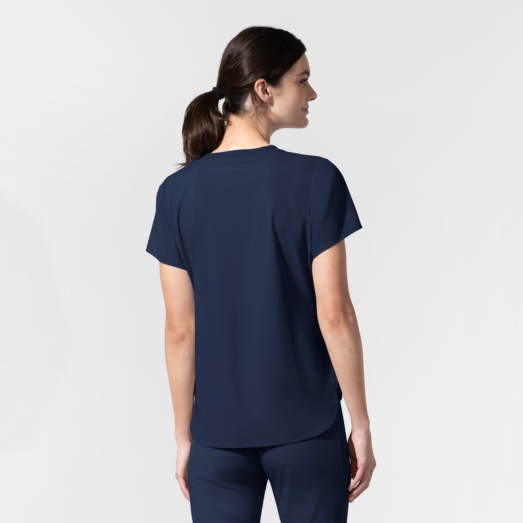 AURA Women's Captivate Crew Neck Tuck-in Scrub Top Navy back view