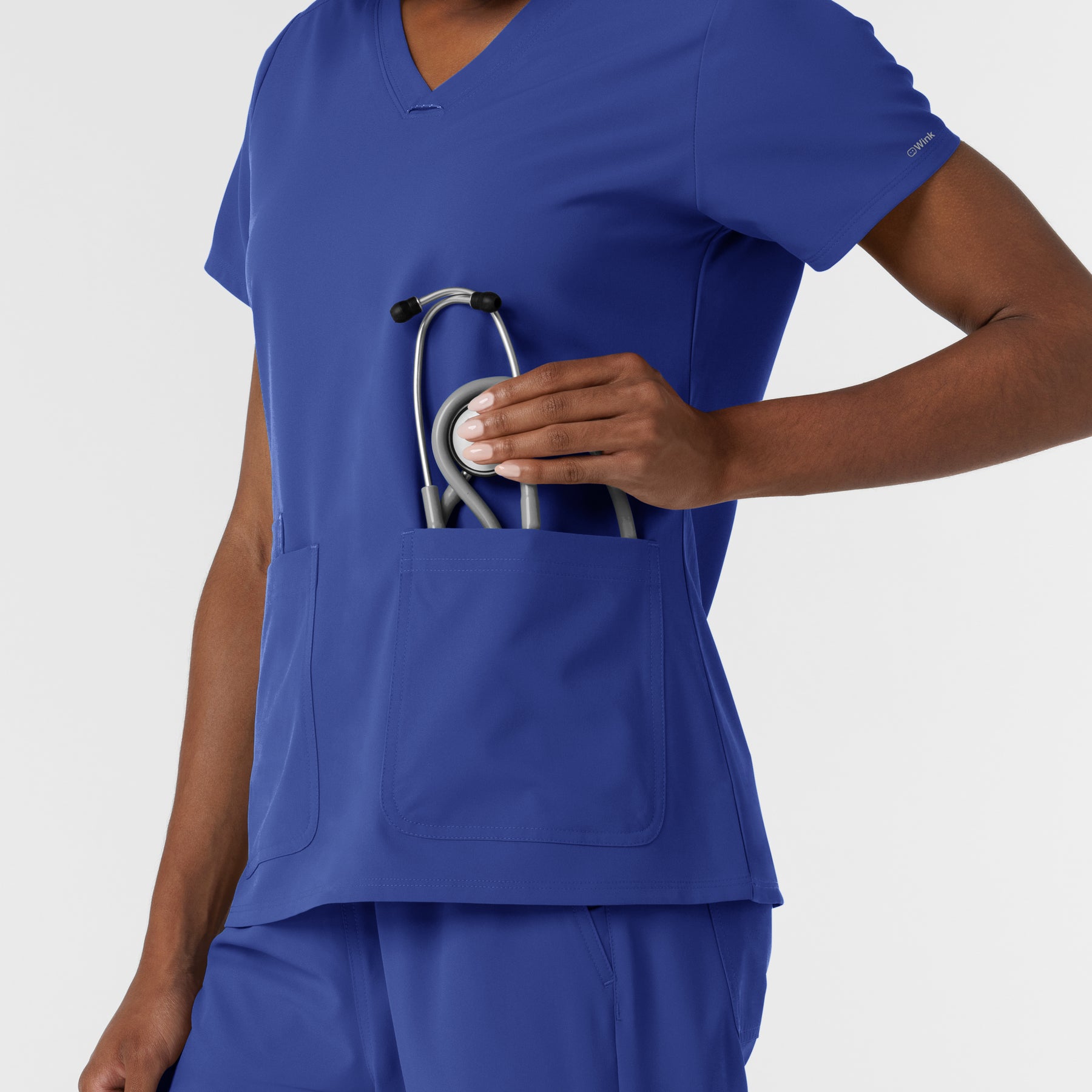 NURTUR Women's V-Neck Scrub Top - Galaxy Blue pocket with stethoscope 