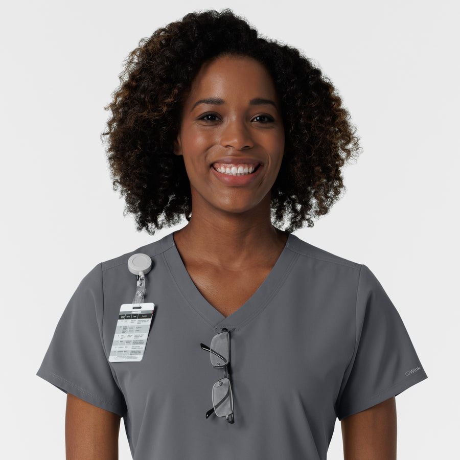 NURTUR Women's V-Neck Scrub Top - Pewter badge and glasses loop