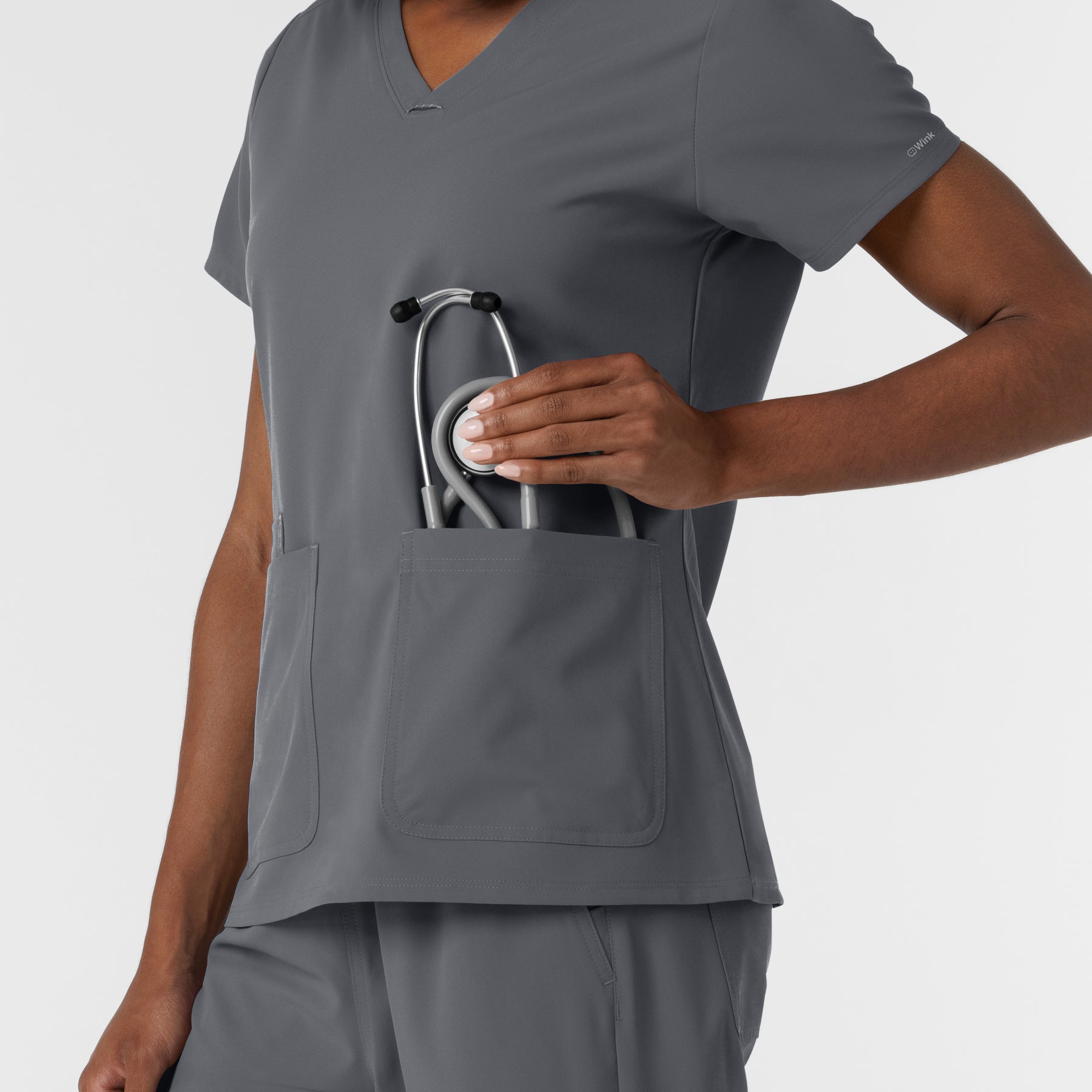 NURTUR Women's V-Neck Scrub Top - Pewter pocket for stethoscope 