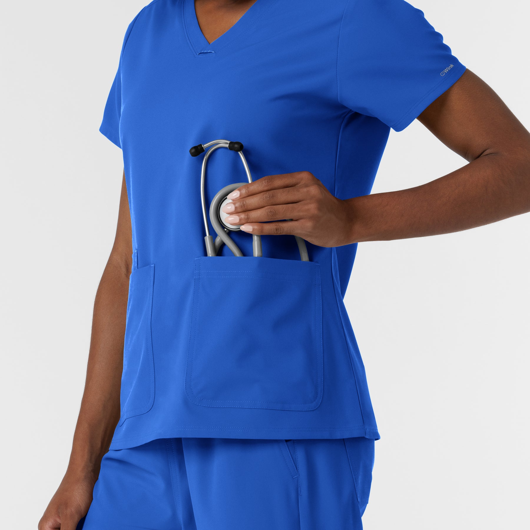 NURTUR Women's V-Neck Scrub Top - Royal Blue pocket with stethoscope