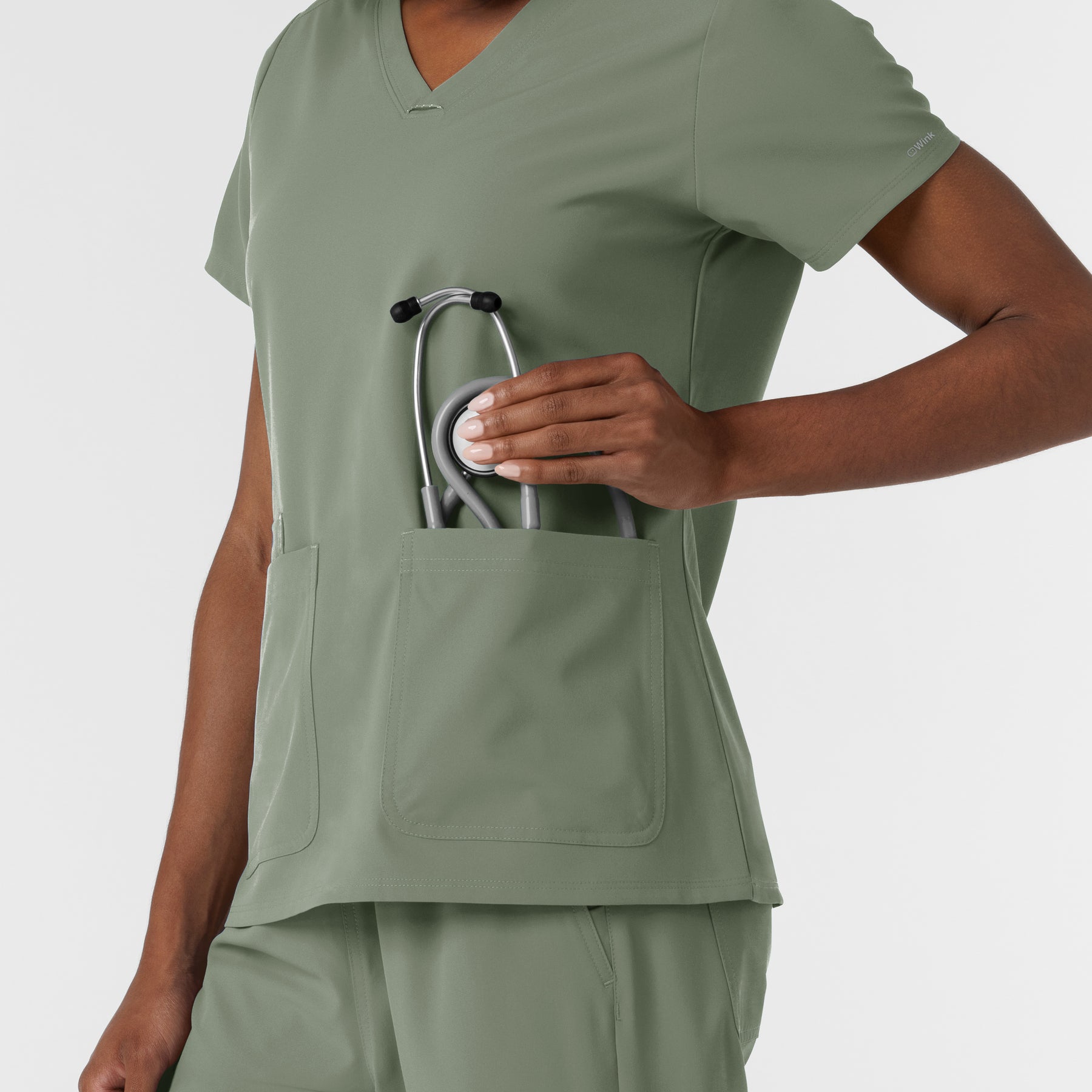 NURTUR Women's V-Neck Scrub Top - Sage front pocket