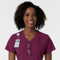 NURTUR Women's V-Neck Scrub Top- wine badge and glasses loop