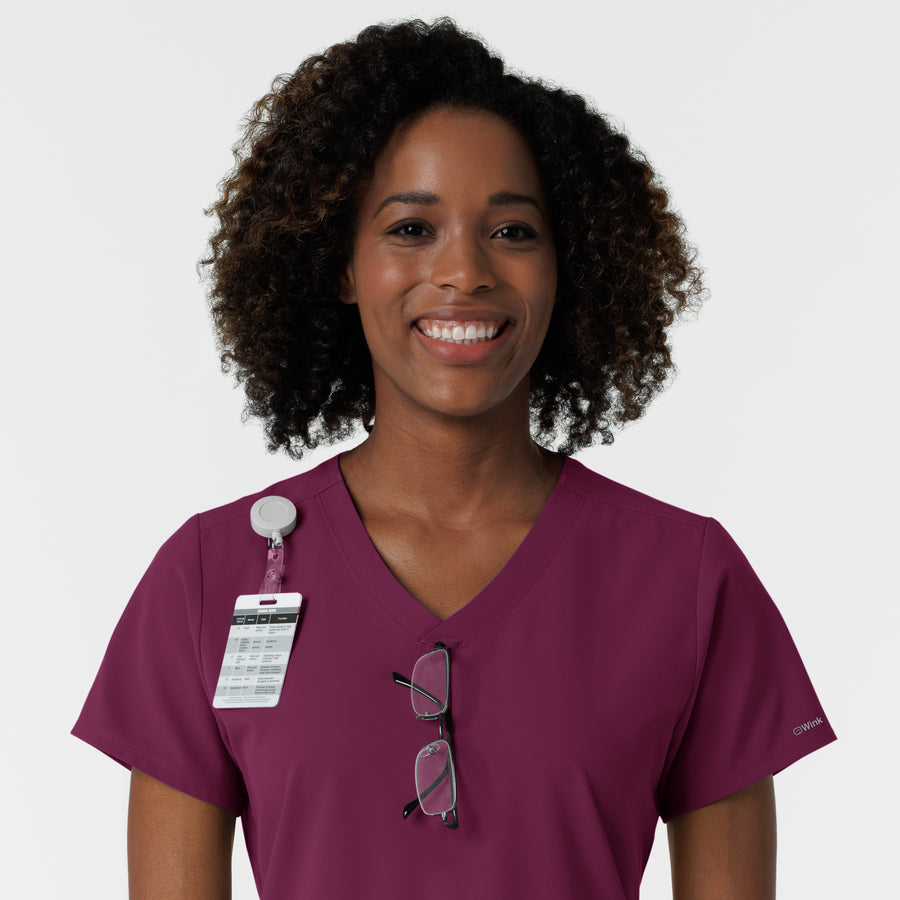 NURTUR Women's V-Neck Scrub Top- wine badge and glasses loop