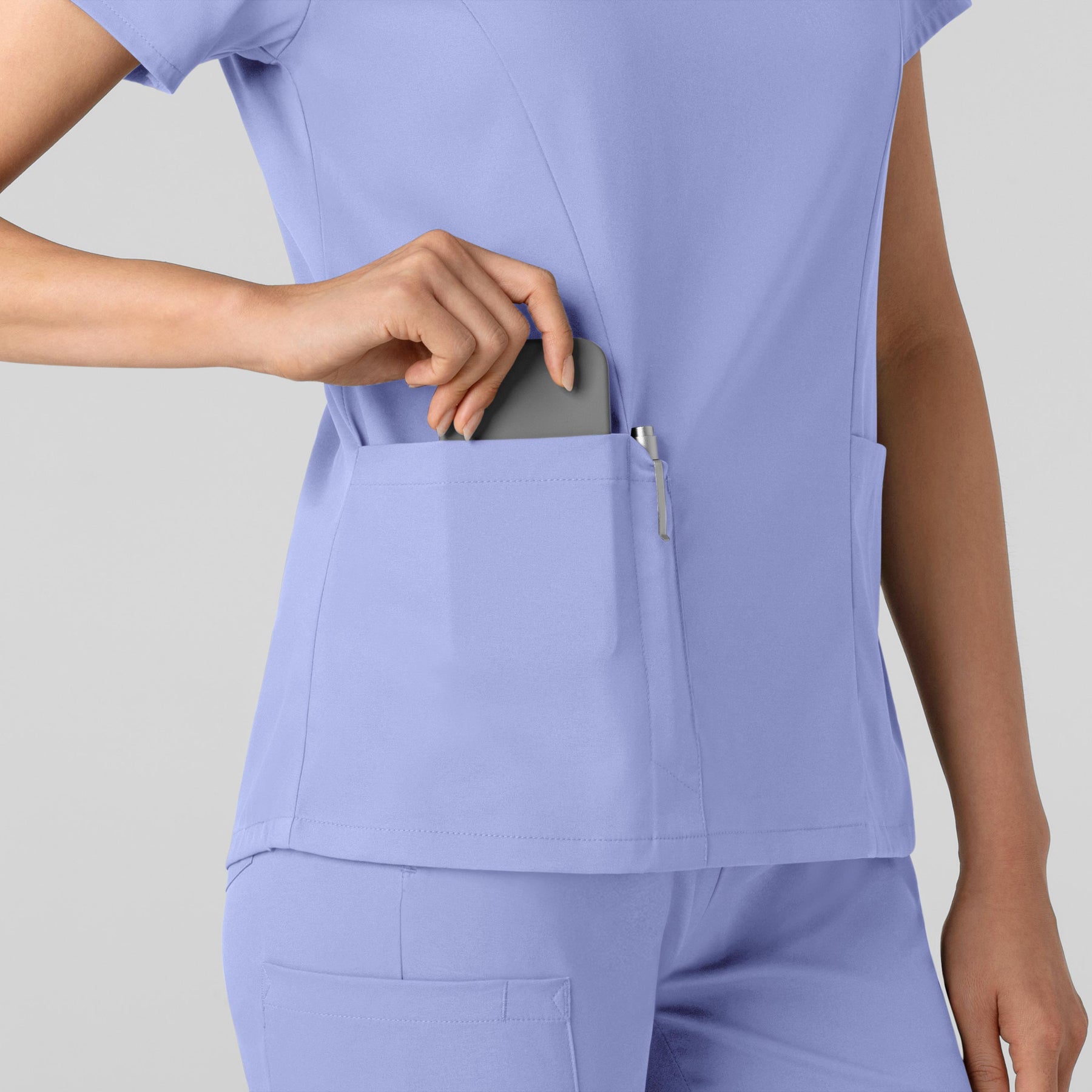 Boundless Women's 2-Pocket V-Neck Scrub Top Ceil Blue side detail 2