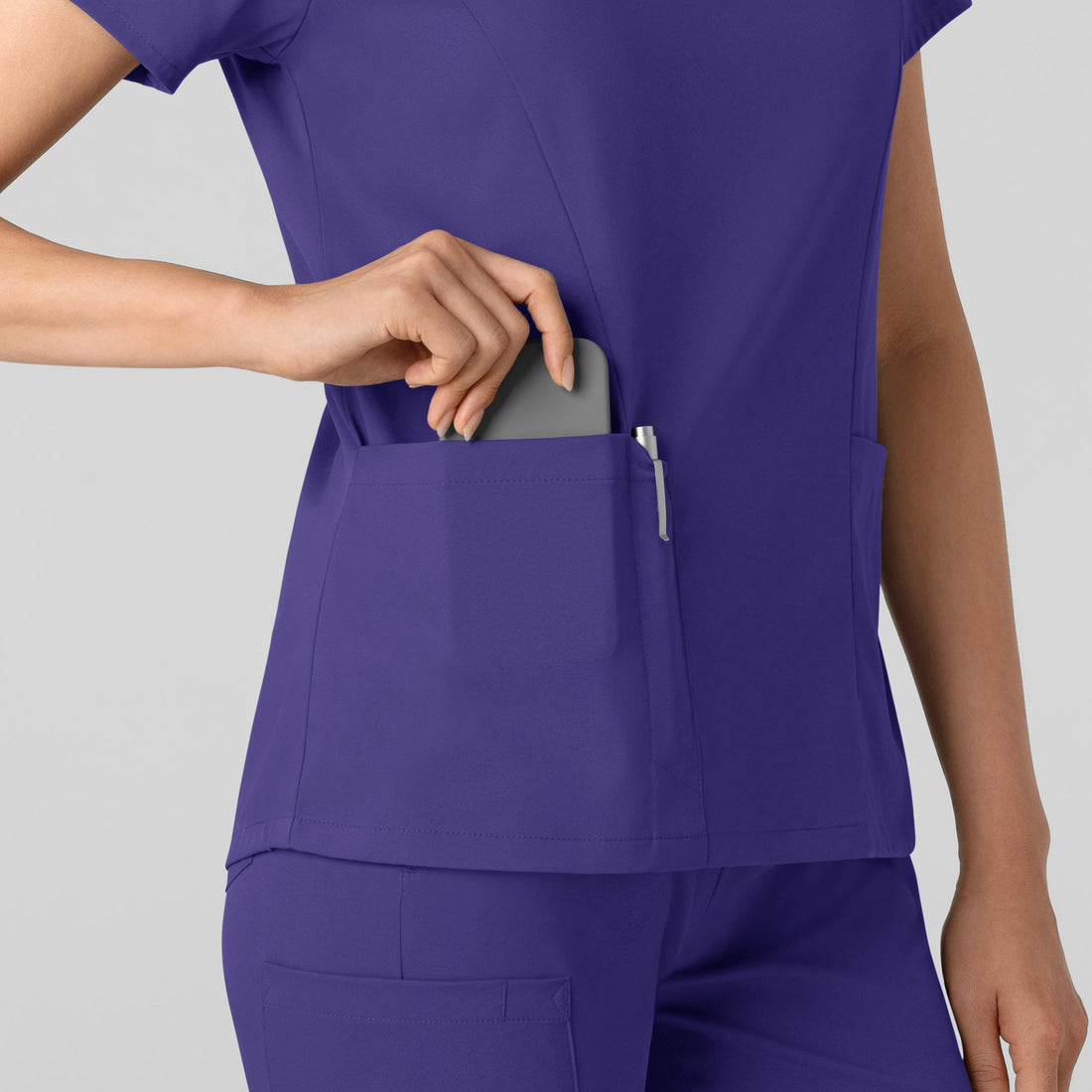 Boundless Women's 2-Pocket V-Neck Scrub Top Grape side detail 2