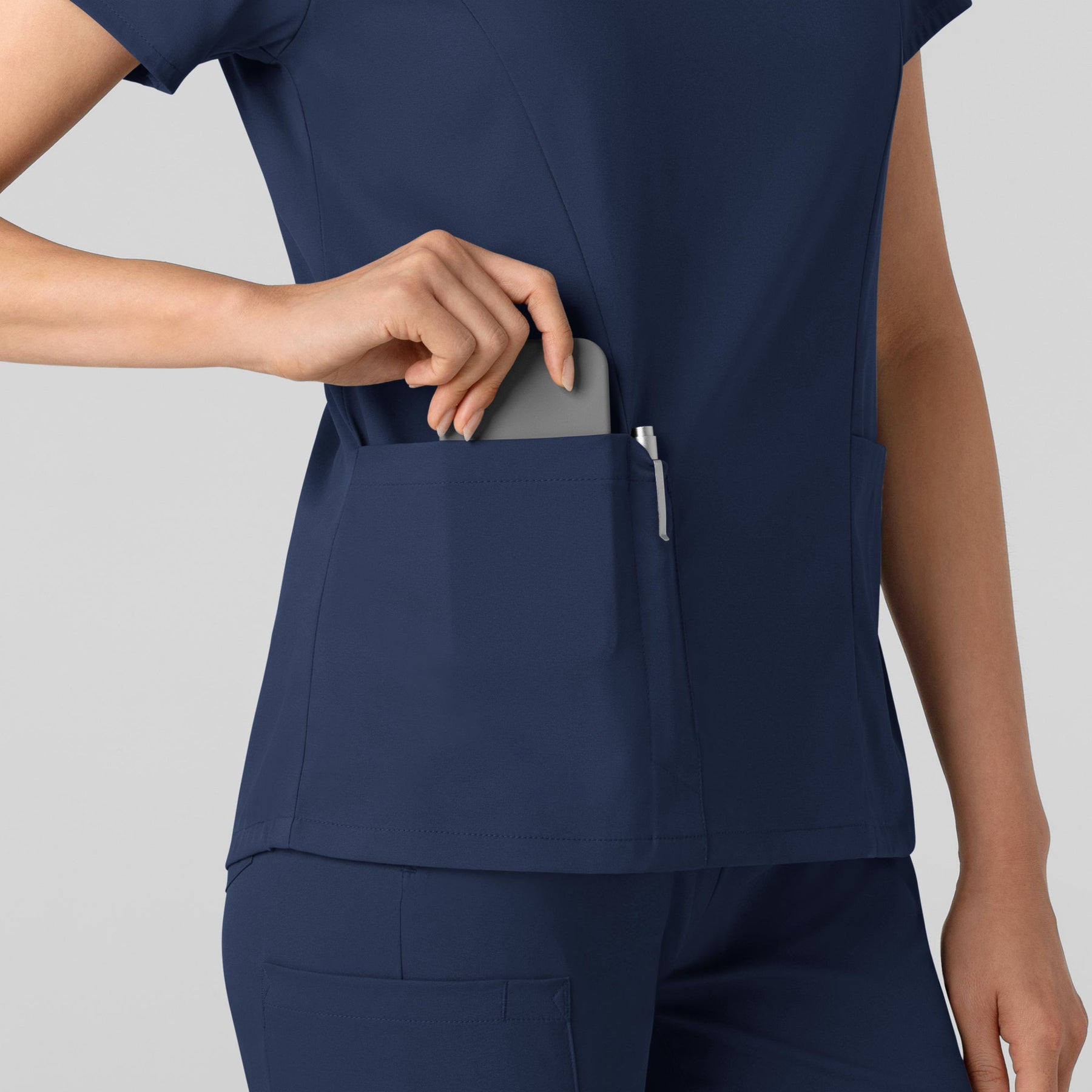 Boundless Women's 2-Pocket V-Neck Scrub Top Navy side detail 2