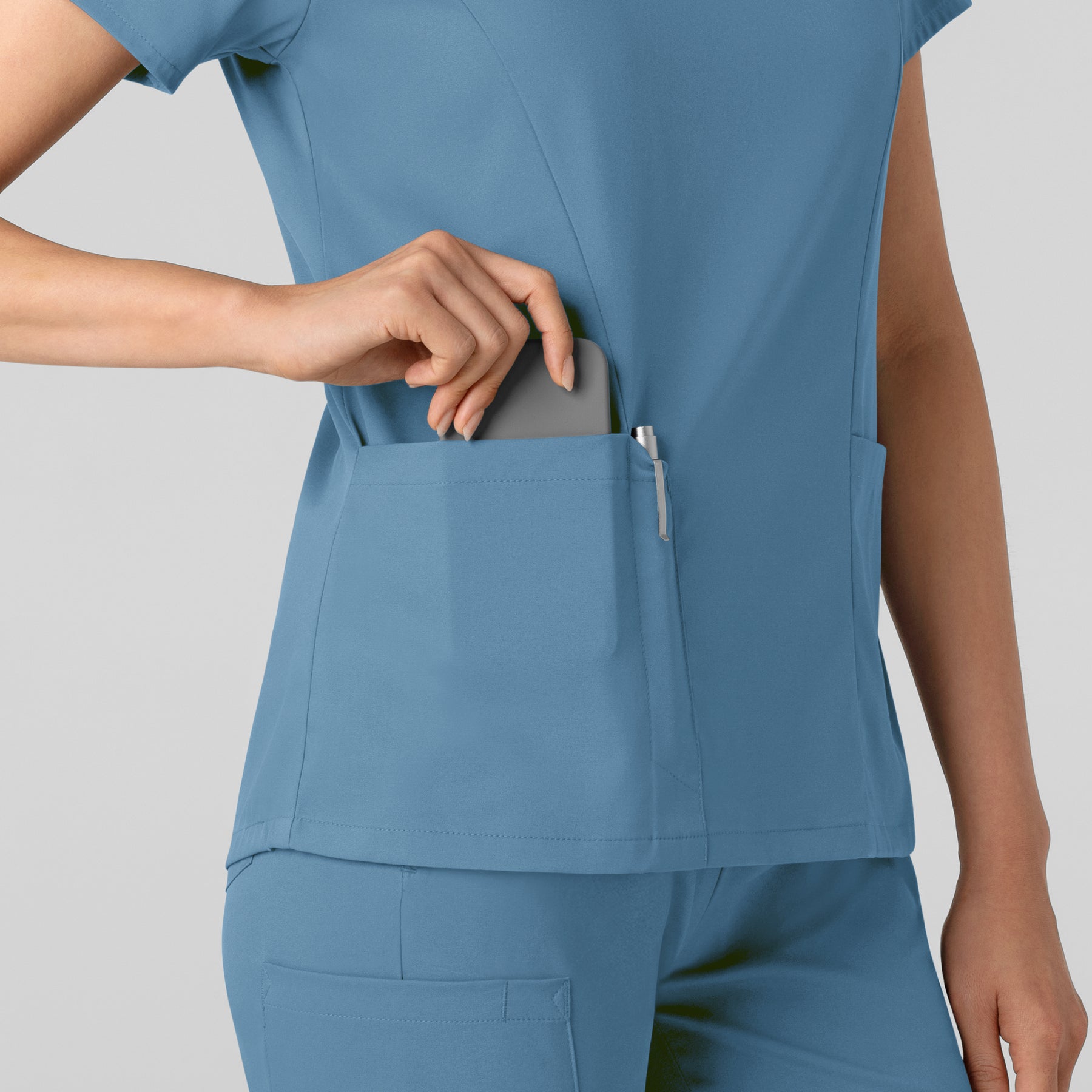 Boundless Women's 2-Pocket V-Neck Scrub Top Pacific Blue side detail 2