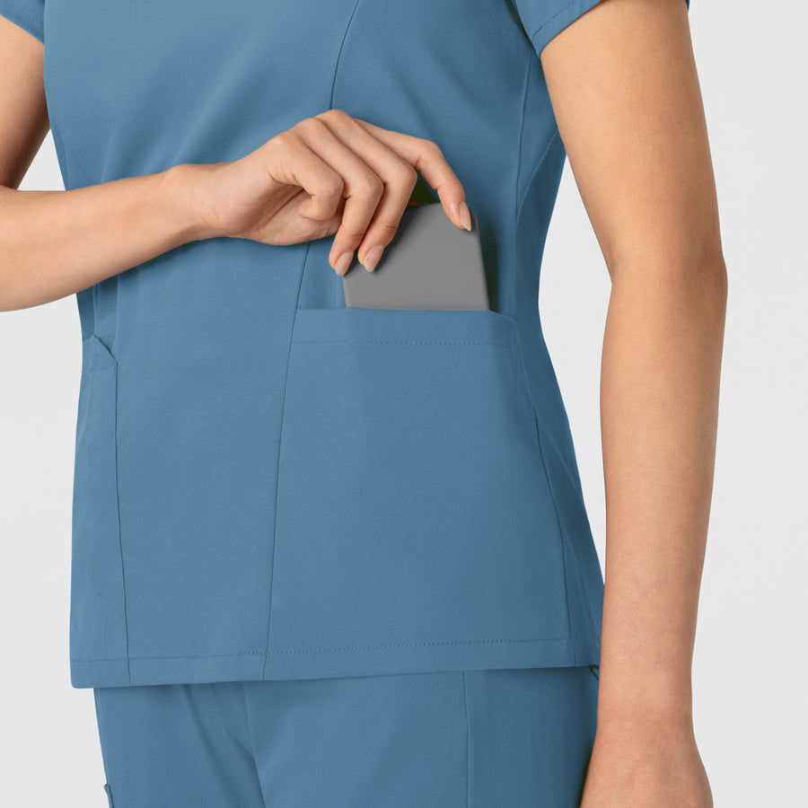 Boundless Women's 2-Pocket V-Neck Scrub Top Pacific Blue hemline detail