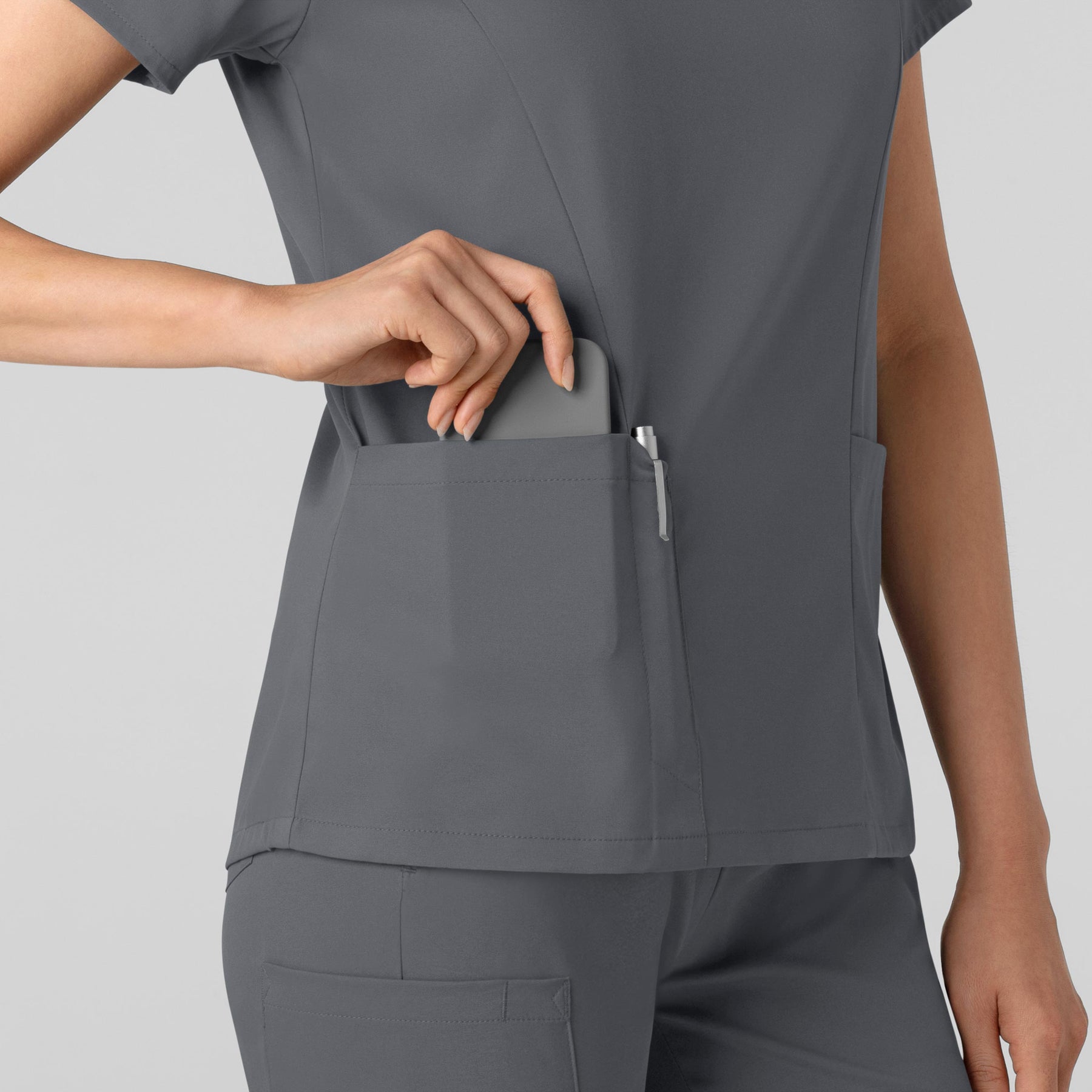 Boundless Women's 2-Pocket V-Neck Scrub Top Pewter side detail 2
