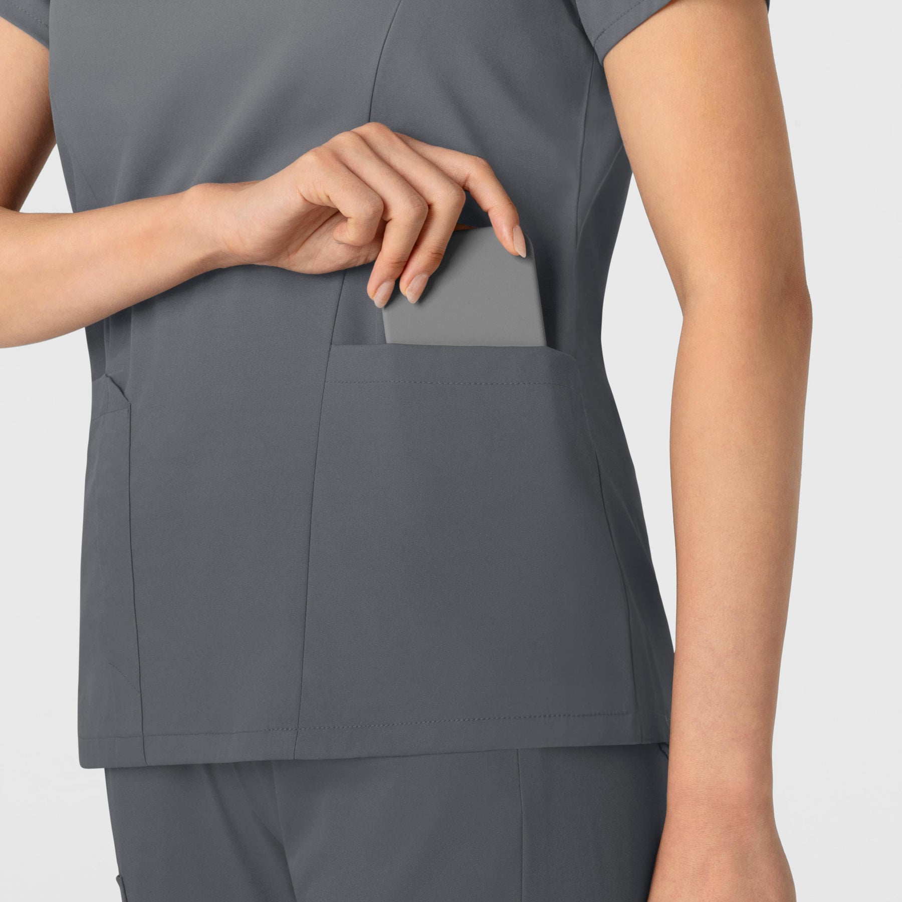 Boundless Women's 2-Pocket V-Neck Scrub Top Pewter hemline detail