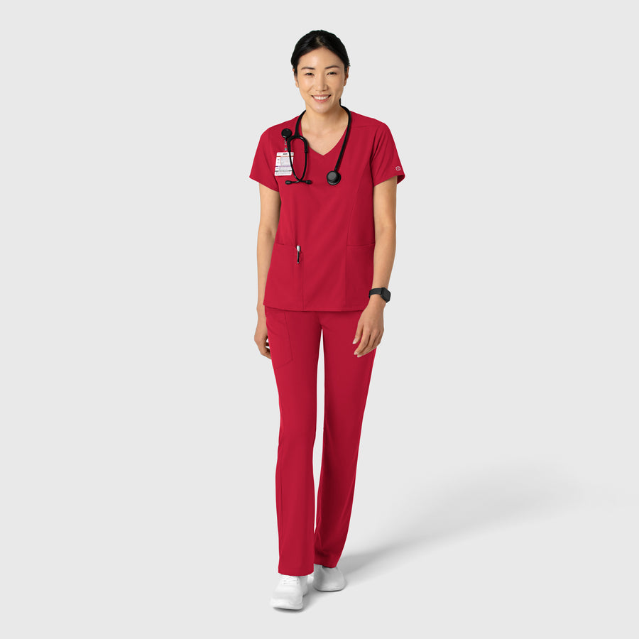 Boundless Women's 2-Pocket V-Neck Scrub Top Red full scrub set