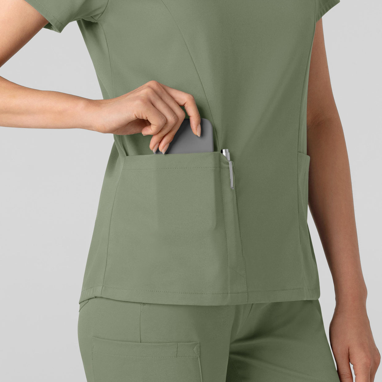 Boundless Women's 2-Pocket V-Neck Scrub Top Sage side detail 2