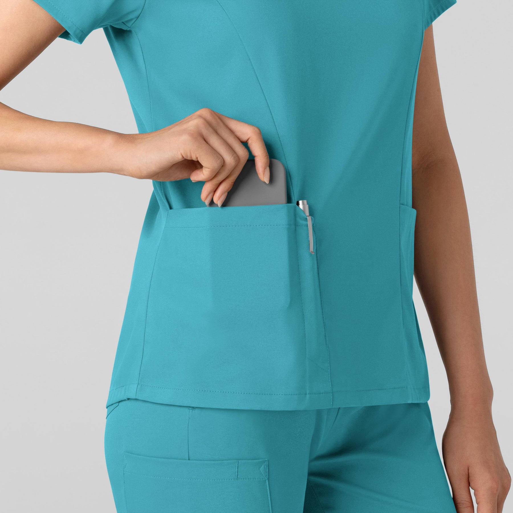 Boundless Women's 2-Pocket V-Neck Scrub Top Teal side detail 2