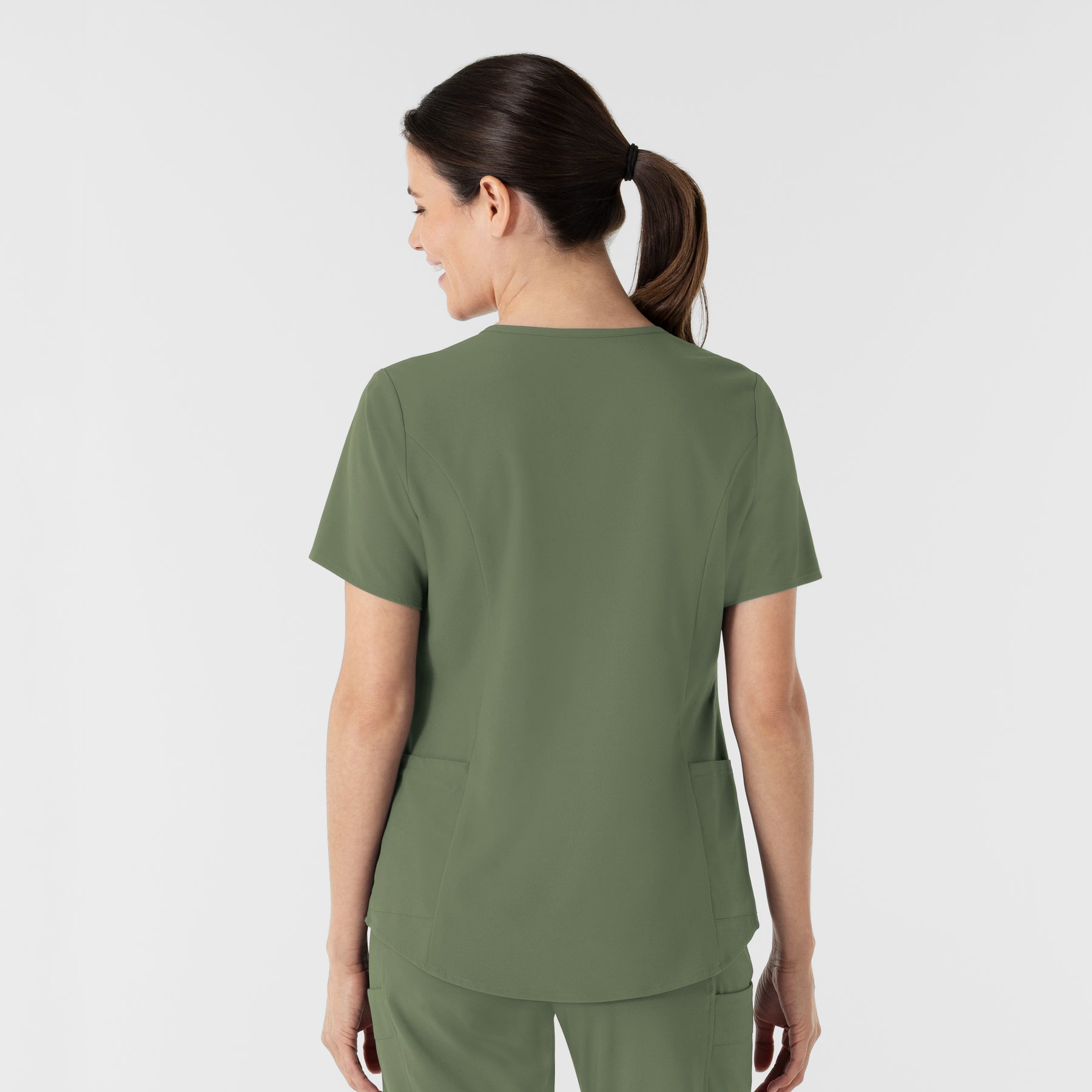 RENEW Women's V-Neck Scrub Top Olive back view
