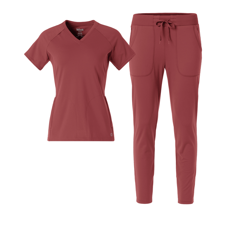 RENEW Knit V-Neck and Track Pant Scrub Set | Ruby