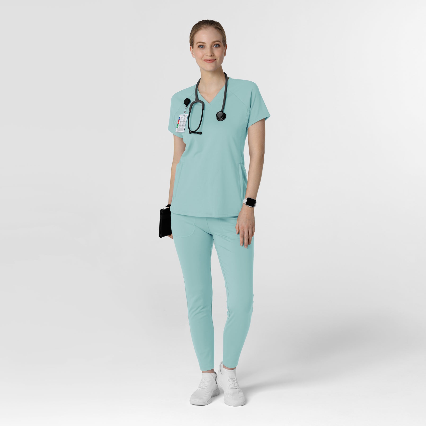 RENEW Knit Women's Flex-n-Reach V-Neck Raglan Scrub Top Coastal Blue full scrub set