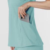 RENEW Knit Women's Flex-n-Reach V-Neck Raglan Scrub Top Coastal Blue hemline detail