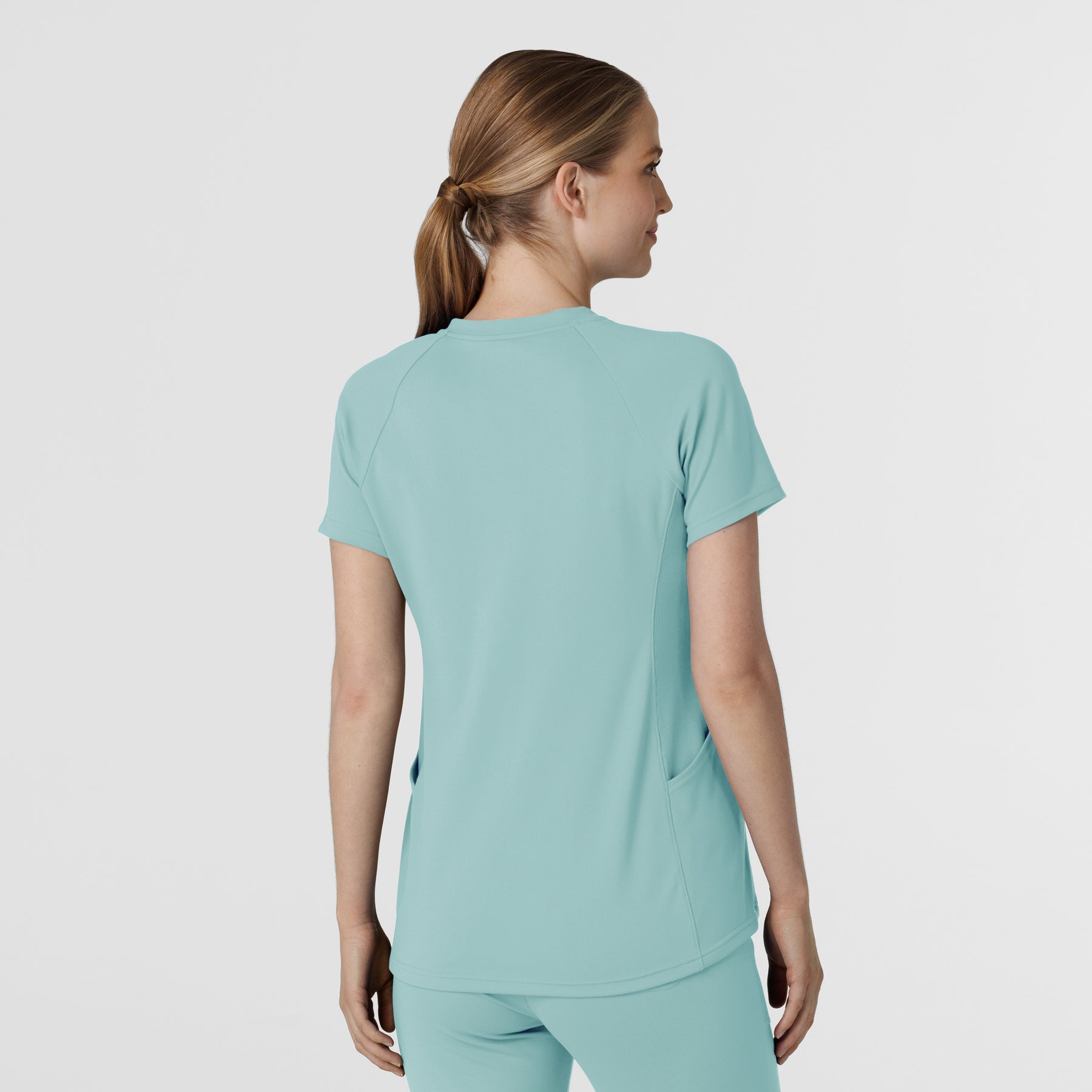 RENEW Knit Women's Flex-n-Reach V-Neck Raglan Scrub Top Coastal Blue back view