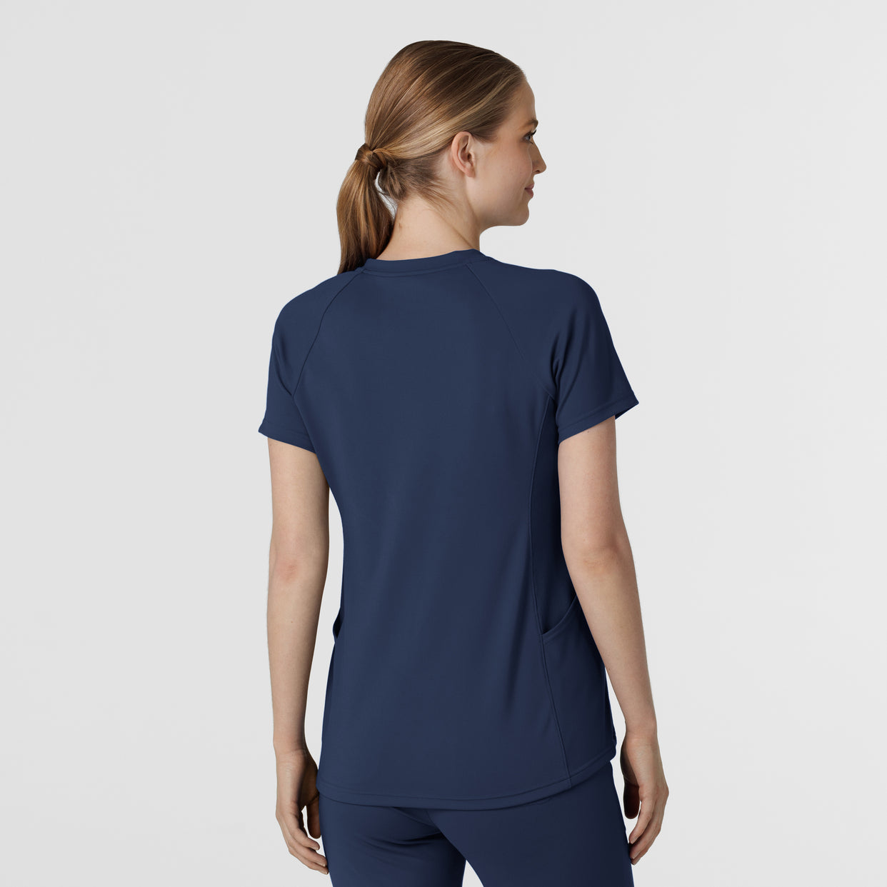 RENEW Knit Women's Flex-n-Reach V-Neck Raglan Scrub Top Navy back view