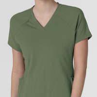RENEW Knit Women's Flex-n-Reach V-Neck Raglan Scrub Top Olive front detail