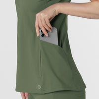 RENEW Knit Women's Flex-n-Reach V-Neck Raglan Scrub Top Olive hemline detail