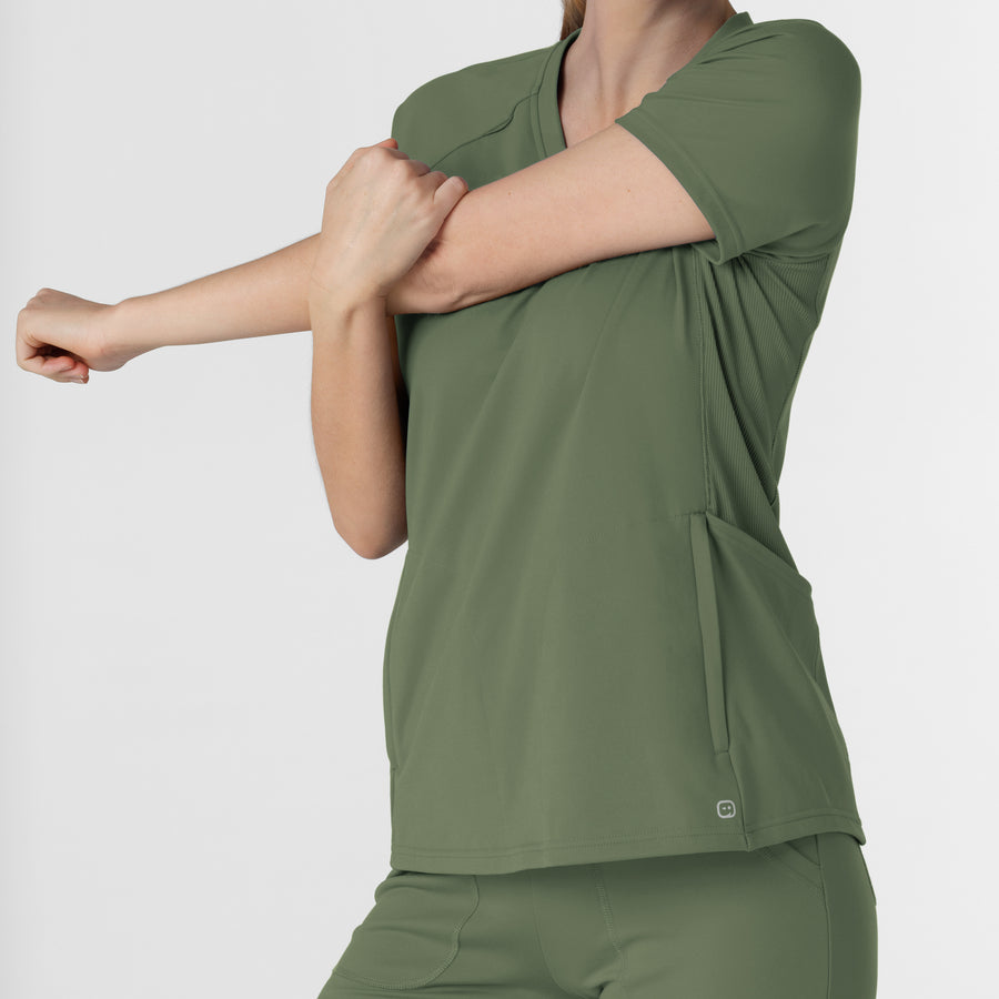 RENEW Knit Women's Flex-n-Reach V-Neck Raglan Scrub Top Olive back detail