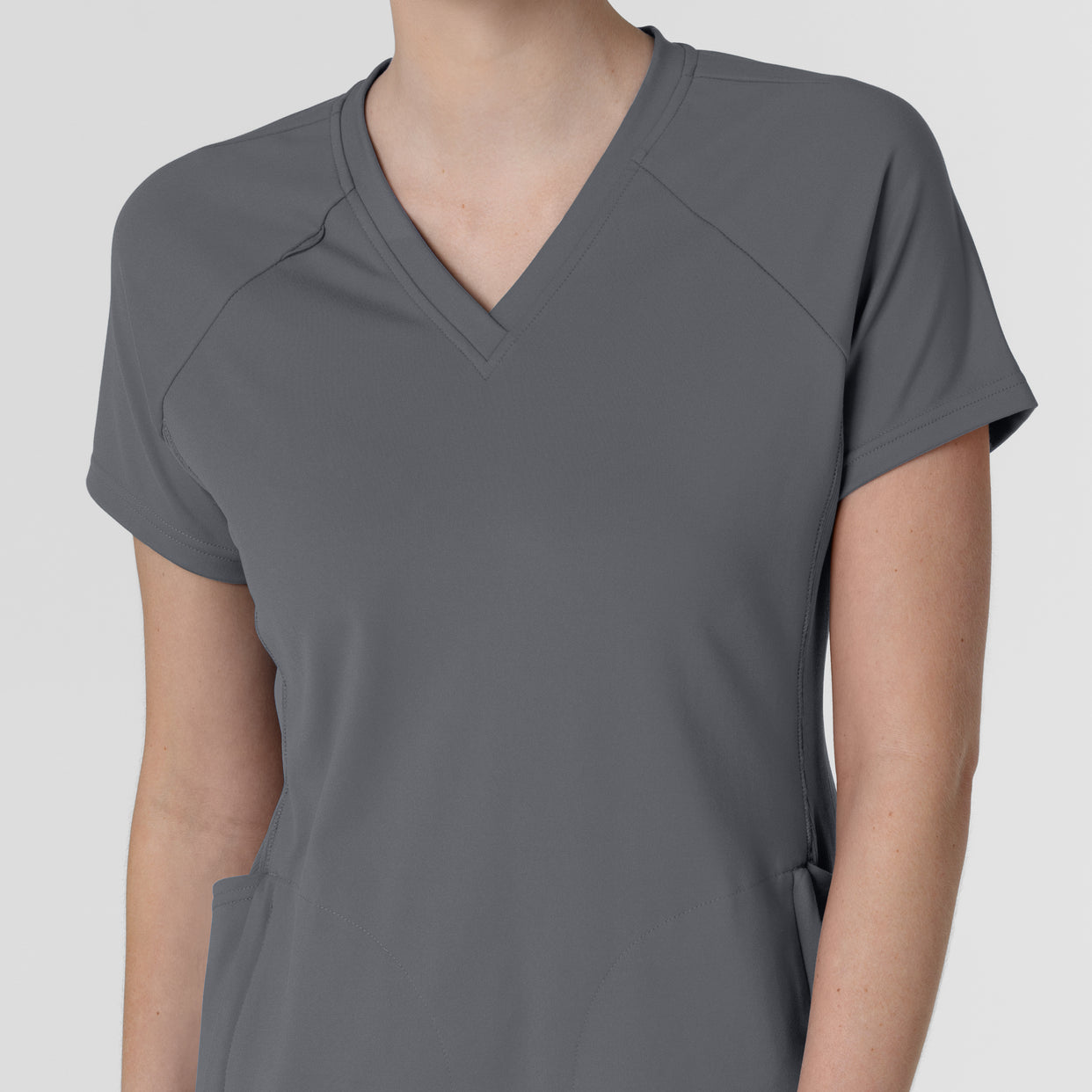 RENEW Knit Women's Flex-n-Reach V-Neck Raglan Scrub Top Pewter front detail