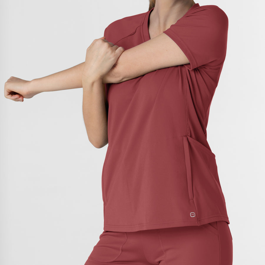 RENEW Knit Women's Flex-n-Reach V-Neck Raglan Scrub Top - Ruby side flex panel