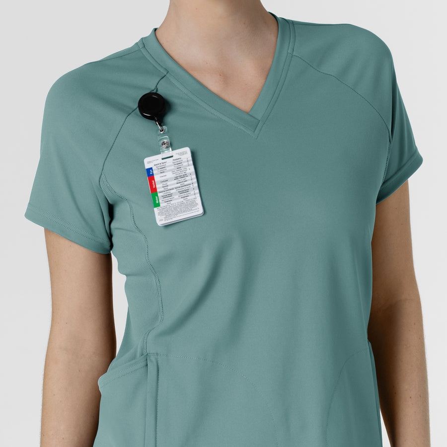 RENEW Knit Women's Flex-n-Reach V-Neck Raglan Scrub Top - Vintage Teal badge loop