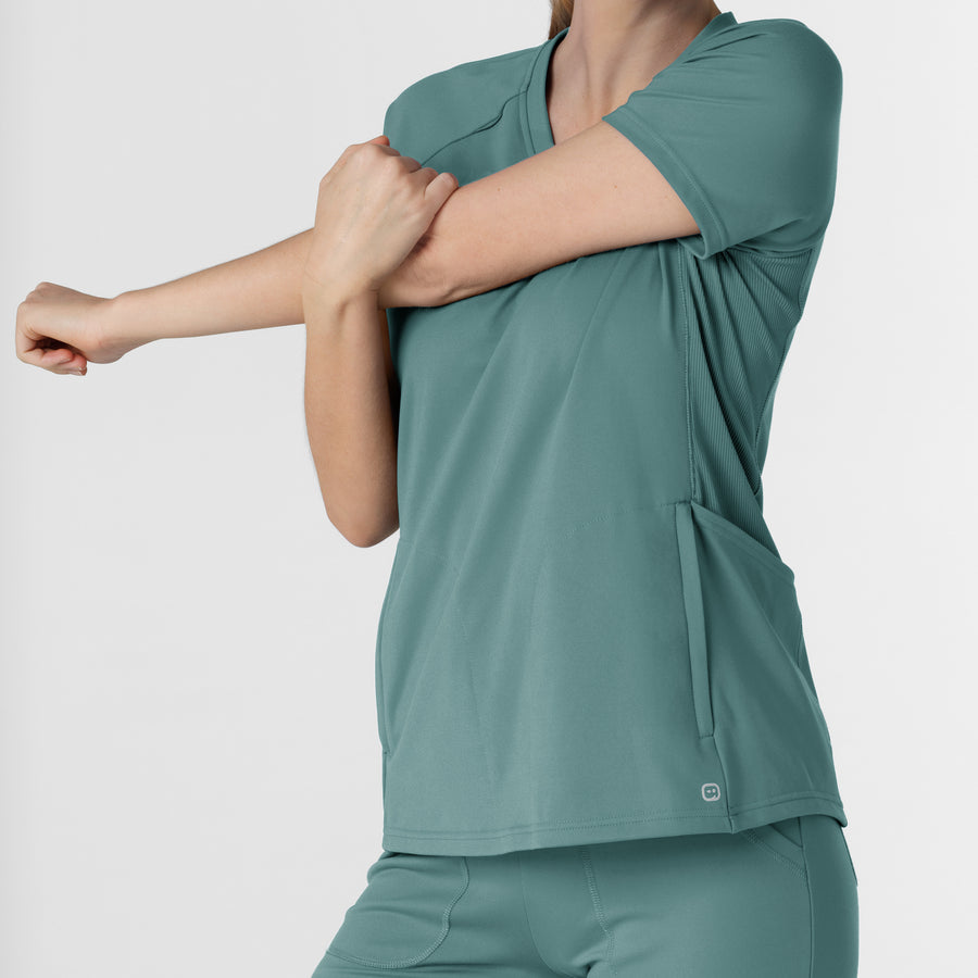 RENEW Knit Women's Flex-n-Reach V-Neck Raglan Scrub Top - Vintage Teal flexible scrub panel