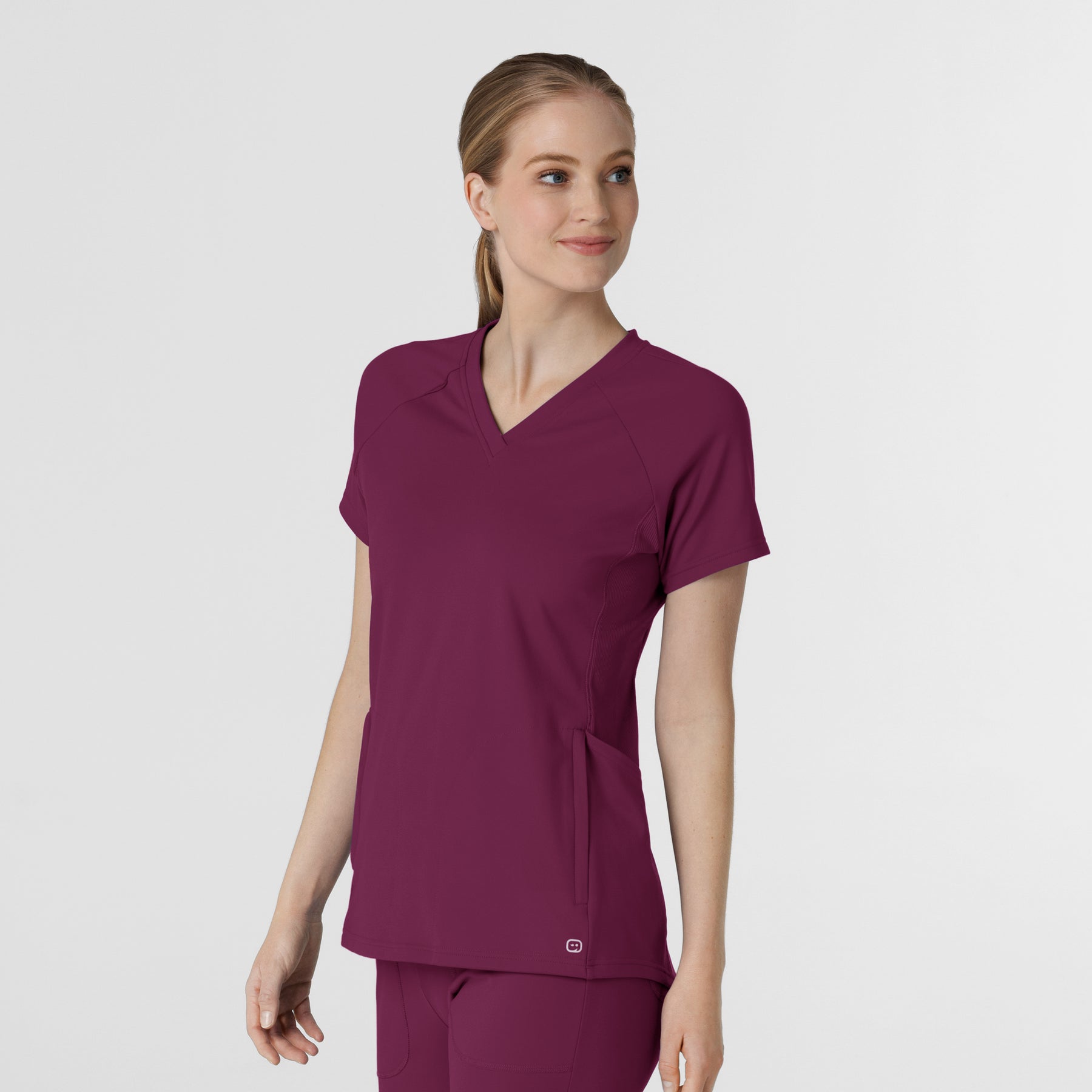 RENEW Knit Women's Flex-n-Reach V-Neck Raglan Scrub Top Wine side view