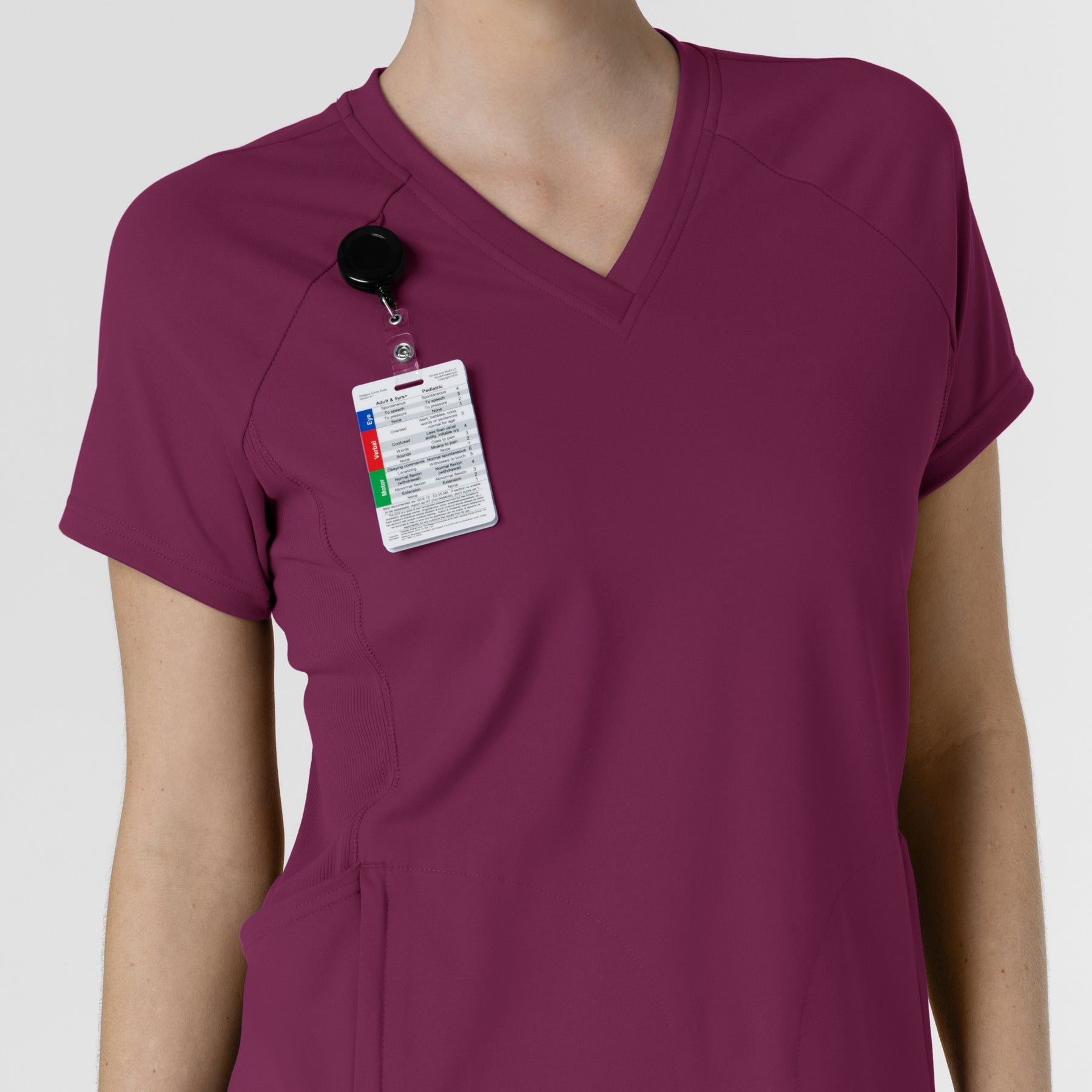 RENEW Knit Women's Flex-n-Reach V-Neck Raglan Scrub Top Wine side detail 1