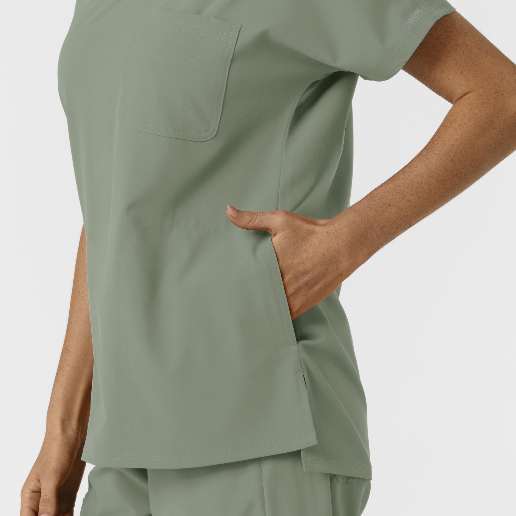 NURTUR Women's Drop Shoulder Tunic Scrub Top - Sage side pocket