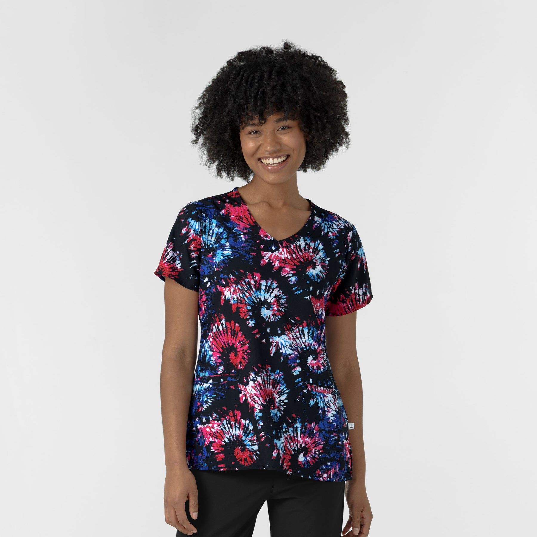 Women's V-Neck Border Print Scrub Top - Freedom Sparkle Black - patriotic scrub top
