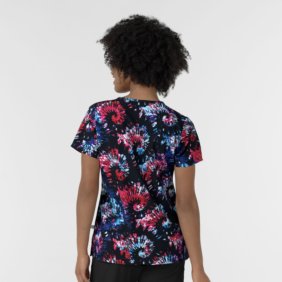 Women's V-Neck Border Print Scrub Top - Freedom Sparkle Black