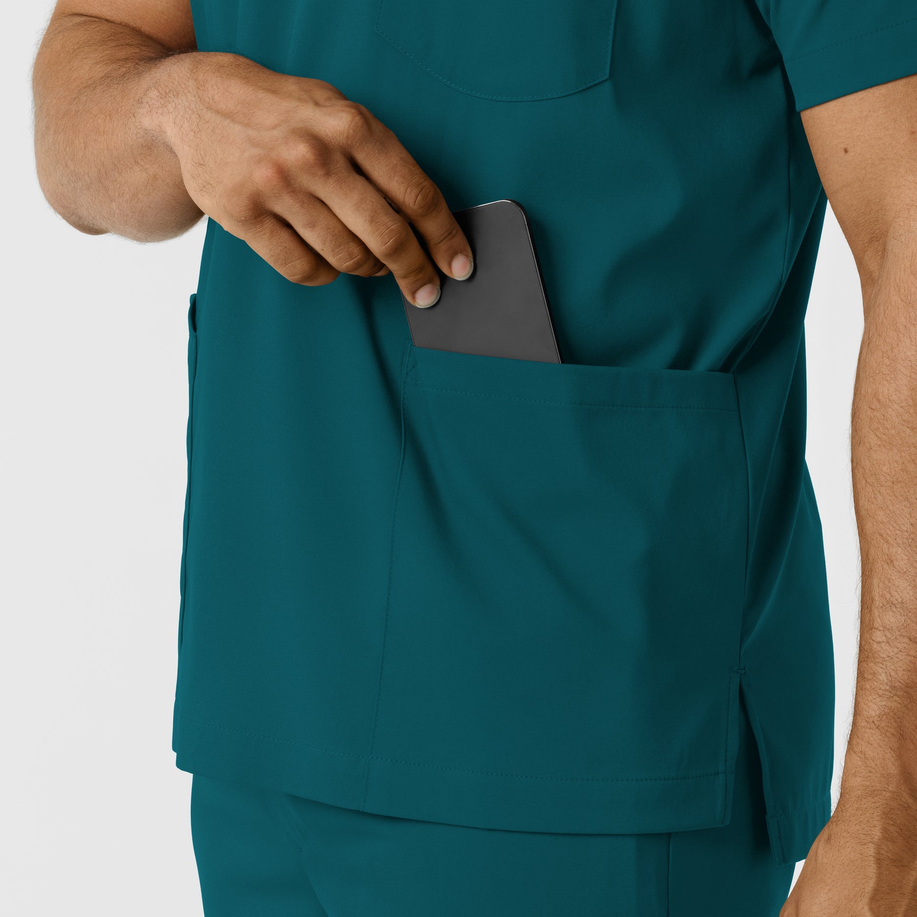 Boundless Men's Multi Pocket V-Neck Scrub Top Caribbean hemline detail